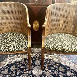 Pair Leopard Print Fur Upholstery  Cane Barrel Back Chairs