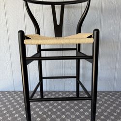 Wishbone Counter Height Barstool with Woven Paper Cord Seat| Fully Assembled | Wooden Y Back Farmhouse Kitchen Stool for Home, Dining, Bar, Black