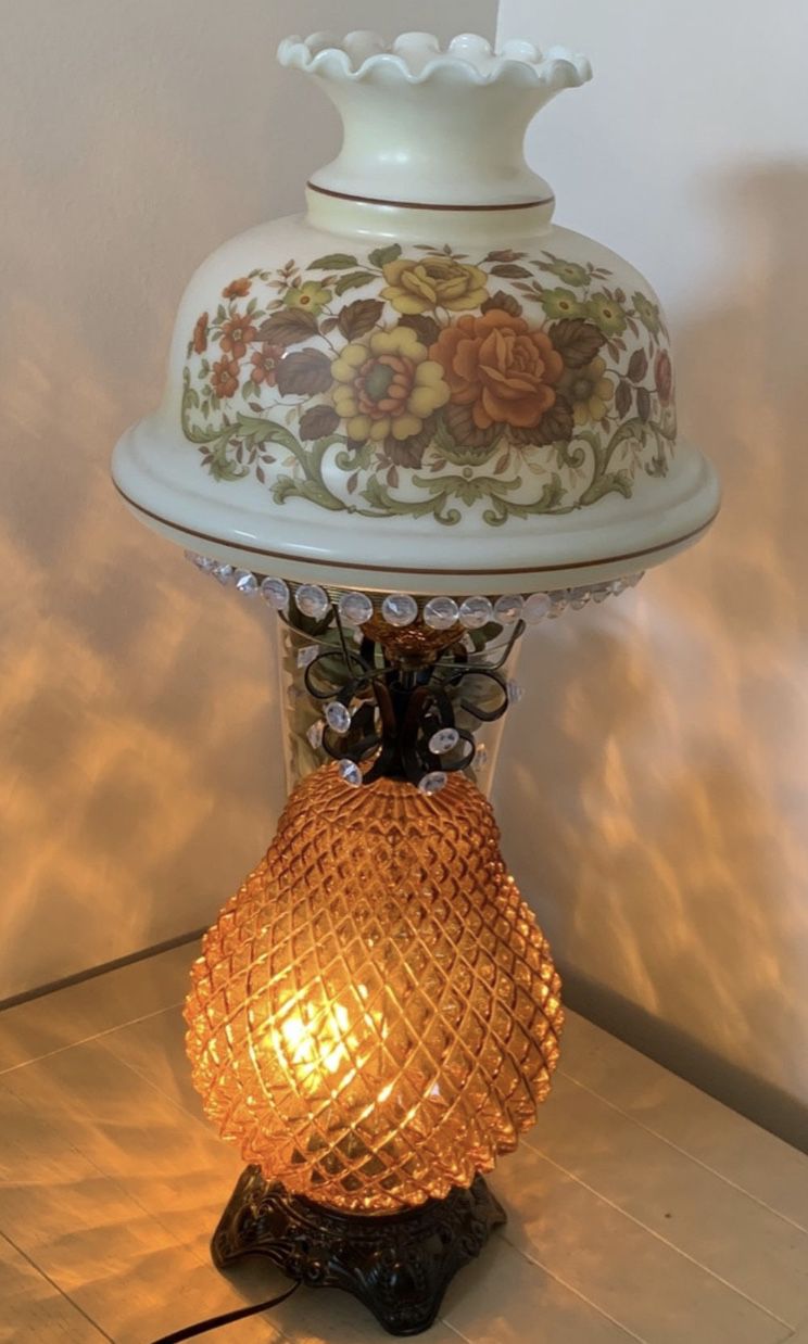 Vintage Amber 1900 Lamp With a Hurricane Vintage Glass Share -really Antique&one of aa Kind Lamp.The shade It’s Amazingly Beautiful Bottom It’s Unique