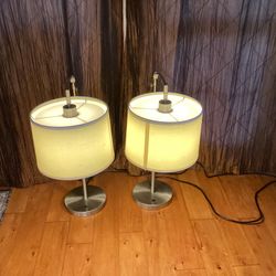 Beautiful Matching Pair Modern Table Lamps.with Brushed Nickel Finish and Fabric Drum Shade.Shade Diameter: 11”—Base Diameter:9”- Tall-27”
