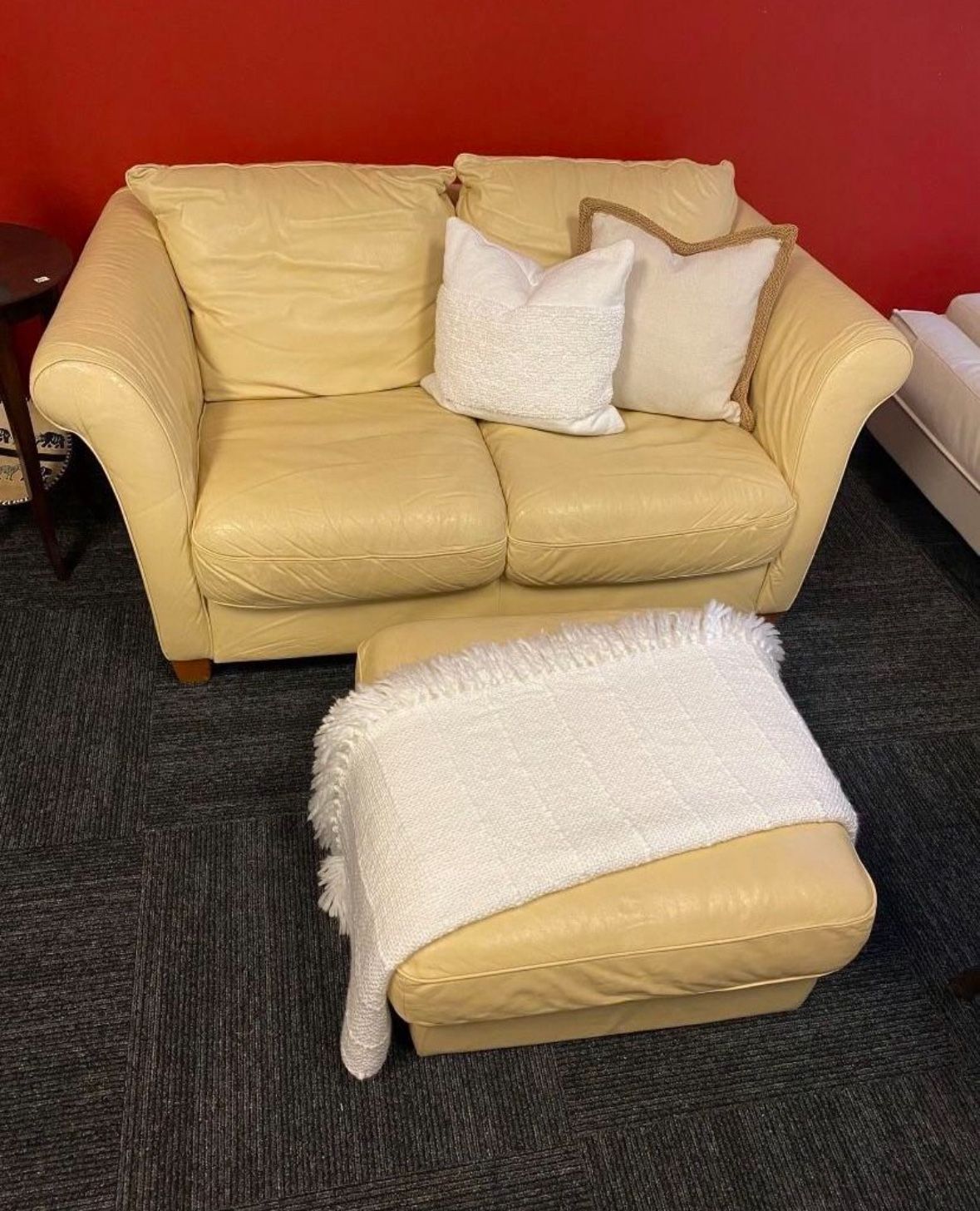 Cream Leather Loveseat and Ottoman