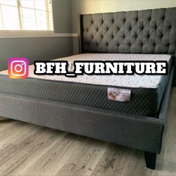 Full grey tufted bed with ortho mattress included!