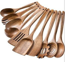 HSM Wooden Spoons for Cooking – 10-Piece Wooden Utensil Set, Non-Stick Safe, Easy-to-Clean Natural Acacia Wood Kitchen Utensils, Ideal for Cooking, St