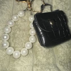 NEW Adorable Black Leather Bag Keychain with Faux Pearl Chain 