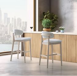 ACTU Bar Stools Set of 2, 30” Upholstered Bar Height Stools, Solid Wood, Mid-Century Modern