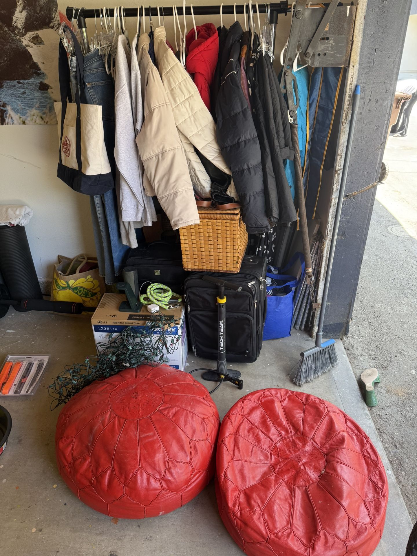 Clothes, Winter Jackets, Jeans, Suitcases, Red Leather Poofs, Office Supplies, Christmas Lights, Shoes For Sale!!