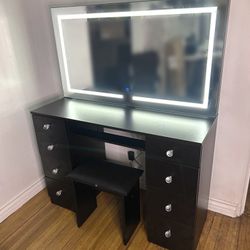 New Black Lighted Mirror Makeup Vanity Desk 8 Drawers, 43" Vanity Table