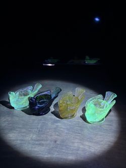 Bird & Berry Open Salt Cellar Aqua Green Purple Pressed Glass Vintage Set Of 4