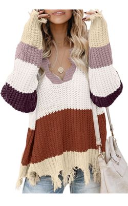 Women Loose Long Sleeve V Neck Striped Color Block Ripped Knit Pullover Sweater Crop Tops,Small Red