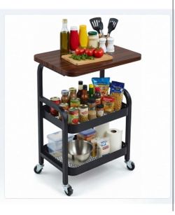 3-Tier Rolling Metal Utility Cart with Wood Top