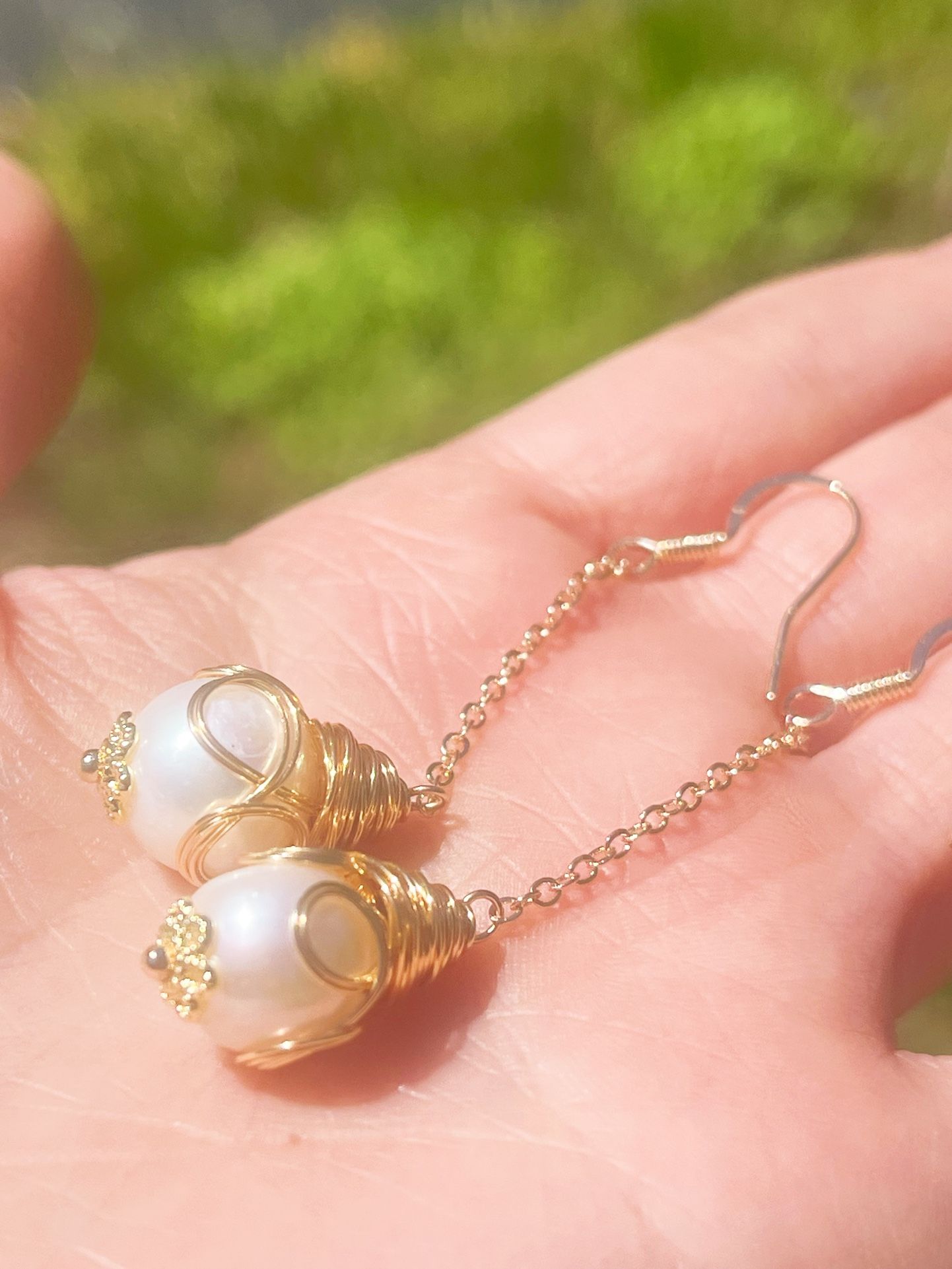 18k Gold Vermeil Natural Freshwater Pearl Dangling Earrings,Wire Wrapped