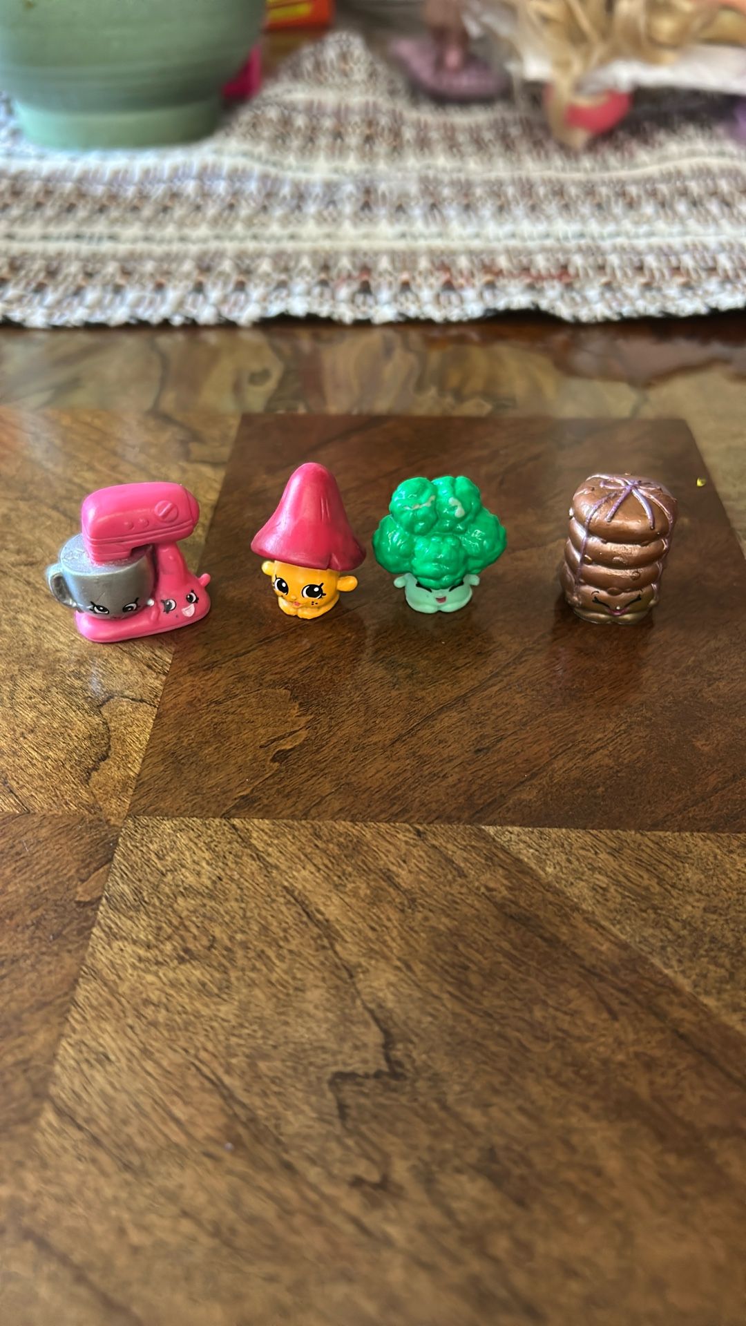 Four Shopkin Characters Mixie And Maxie, Bethany Broccoli, Milly Mushroom, And Stacks Cookie