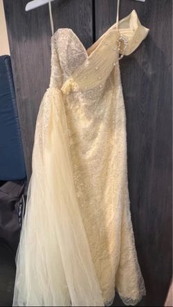 Yellow Beaded Formal Gown with Tulle Overlay