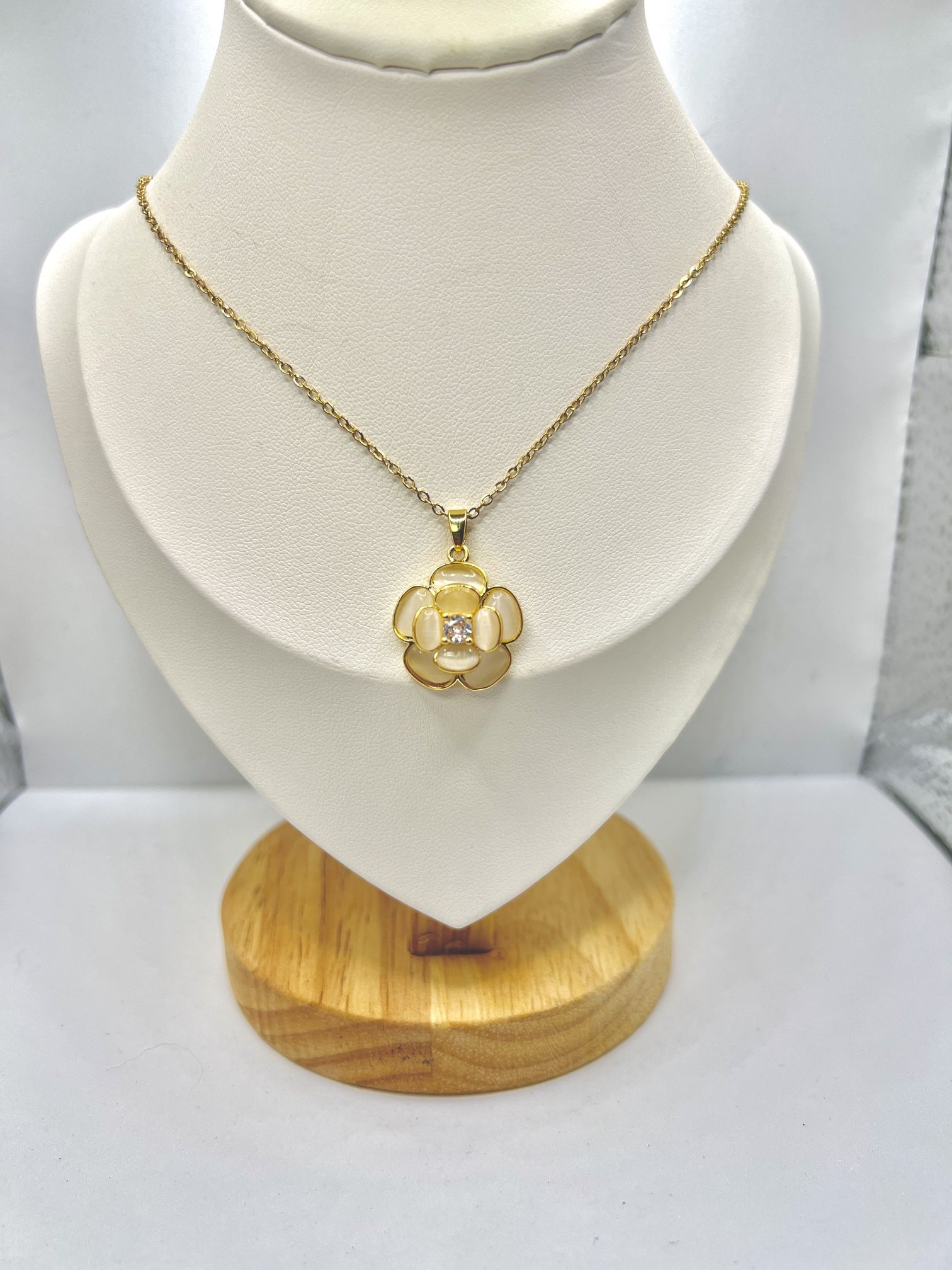Opal Crystal Flower Gold Chain Necklace with CZ