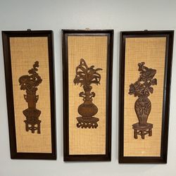 Vintage Mid Century Modern Three Carved Teak Wood Wall Art Panels 
