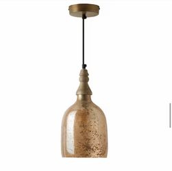 1-Light Bell-Shaped Glass Shade Pendant Lamp with Mango Wood Accent