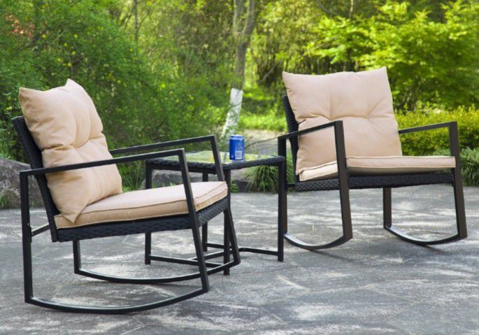 2 Cushioned Rattan Rocking Chair with Coffee Table Set