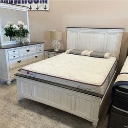 Brand New/, Sawyer Antique White/Brown Panel Bedroom Set/Dresser,mirror, Bed  Nightstand// Queen And King Size Available, Mattress Sold Separately 