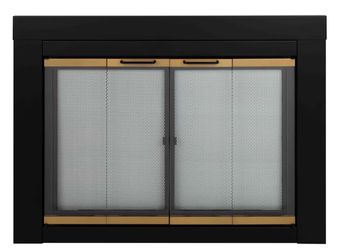 Brand New Pleasant Hearth Arrington Large Black with Gold Trim Fireplace Glass Firescreen Doors