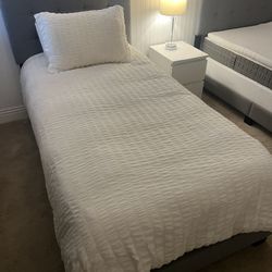 Matching Pair of Wayfair Gray Tufted Twin Beds + IKEA Mattresses & Bedding - In Excellent Condition. 