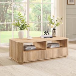 (Corner Damage) Wood Coffee Table with 2 Drawers Black Legs