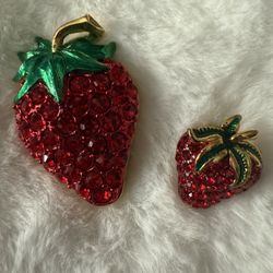 Vintage Mod Red Crystal Rhinestone Strawberry Enamel Brooch Pin’s