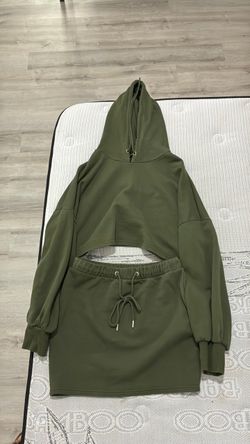 Olive Green Crop Hoodie and Skirt Set