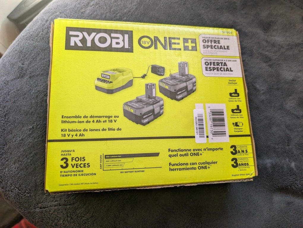 RYOBI ONE+ 18V Lithium-Ion 4.0 Ah Battery (2-Pack) and Charger Kit.
