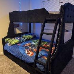 LUXURY Black Velvet Bunk Bed – Twin Over Full w/ Ladder + Studded Detail – MUST SELL! 