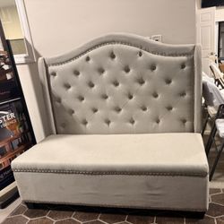 Tufted High Back Dining Bench / Banquette – Light Beige Fabric with Nailhead Trim
