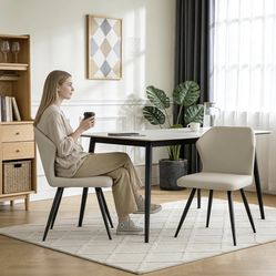 Dining Chairs Set of 2, Faux Leather Upholstered Kitchen Side Chairs, Modern Dining Room Chair with Metal Legs, Beige