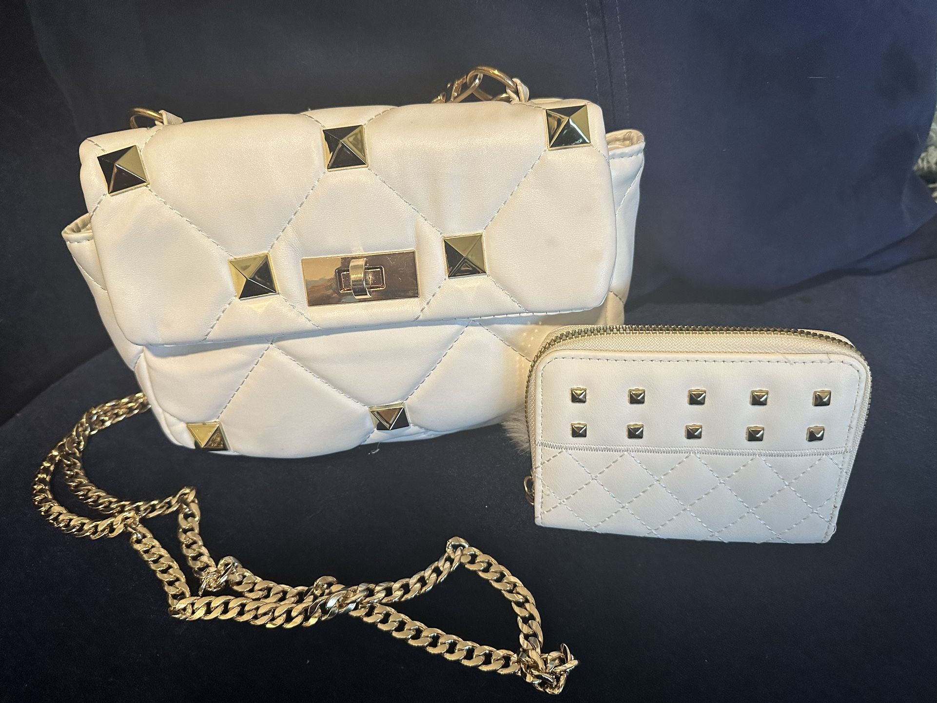Beautiful Designer Leather Ivory Studded Bag With Wallet 