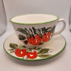 Vintage Strawberry Coffee Cup & Saucer Large Latte Soup MCM  Hand Painted Japan 