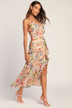 NWT Lulus Stunning Soiree Blush Pink Floral Print Ruched Midi Dress L