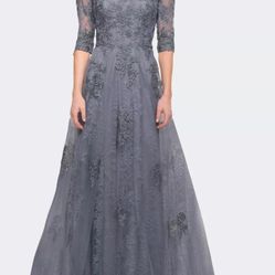 La Femme Slate Blue Shimmer Floral Lace Sheath Gown Size 12 $619