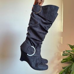Y2K Pesaro Black Suede Slouchy Wedge Boots with Oversized Buckles, US 8