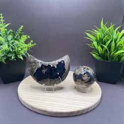 Natural UV reactive volcano agate moon 187 g 3.6” x 2”, small sphere 166 g 50 mm