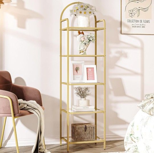 Bookcase Bookshelf, Tempered Glass Bookshelves, Slim Shelving Unit for Bedroom, Bathroom, Home Office, Steel Frame, 5 Tier Gold BC05001G