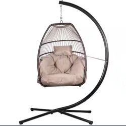 Wicker Egg-Shaped Patio Swing Chair with Beige Cushion and Heavy-Duty Frame 93906 barton