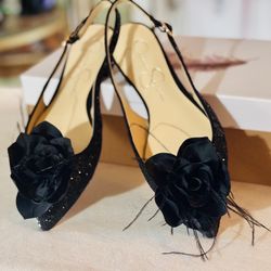 Slip-On Slingback Black Glitter Embellish Flats
