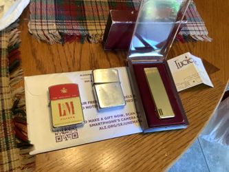 Vintage Gold Tone Lucienne Lighter Brand new untested original case and paperwork L&M lighter untested Zippo Bradford untested small dent All 3 one pr