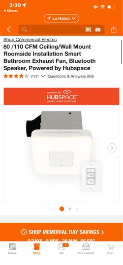 Shop Commercial Electric 80 /110 CFM Ceiling/Wall Mount Roomside Installation Smart Bathroom Exhaust Fan, Bluetooth Speaker, Powered by Hubspace