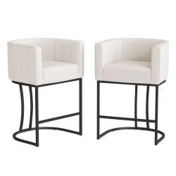 Modern 26.in Counter Height Stool Low Back Upholstered/PU Leather Barrel Bar Stool with Metal Frame - Set of 2 - Beige&Black/Fabric