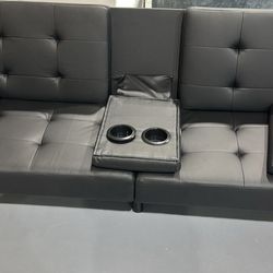 M-New Futon Sofa Bed, Futon Couch with Removable Armrests, Adjustable Recliner Sleeper Sofa Bed with Dual Cup Holders for Living Room, Apartment, Offi