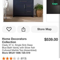 Home Decorators Collection Clady 37 in. Single Sink Deep Blue Bath Vanity with Silver Ash Cultured Marble Top (Assembled) 