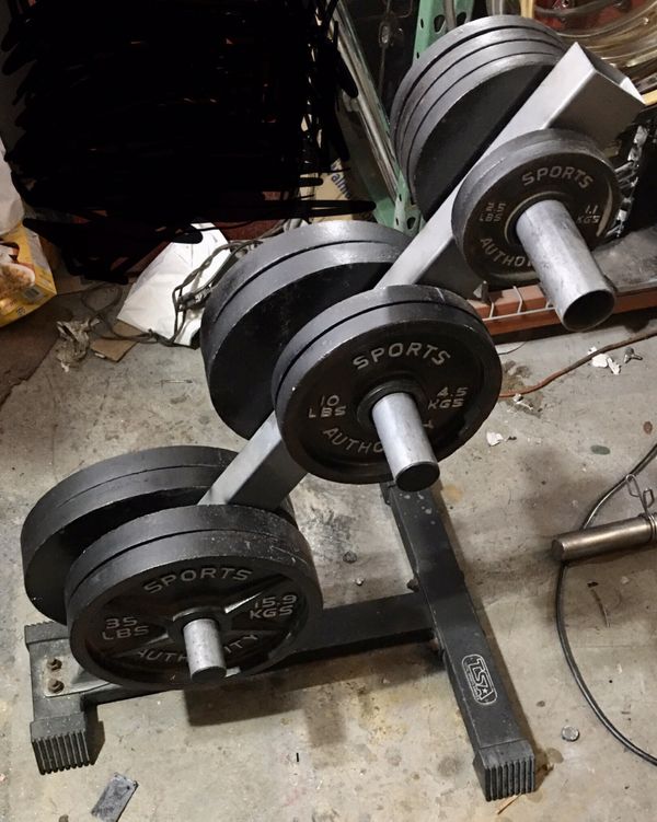 Sports Authority Barbell Olympic weight set with TSA weight rack for