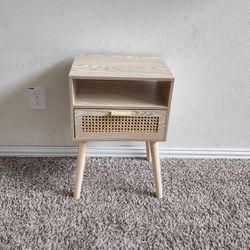 Mid-Century Modern Style Rattan and Wooden Small Nightstand/End Table with Shelf and Drawer