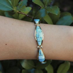 One-of-a-kind Multicolor Opal Geometric Inlay Gold Bracelet