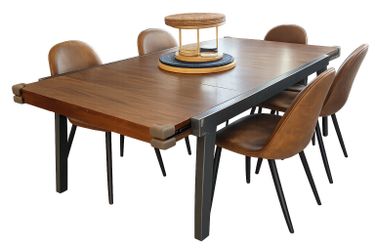 FREE expandable walnut dining table with black metal frame.