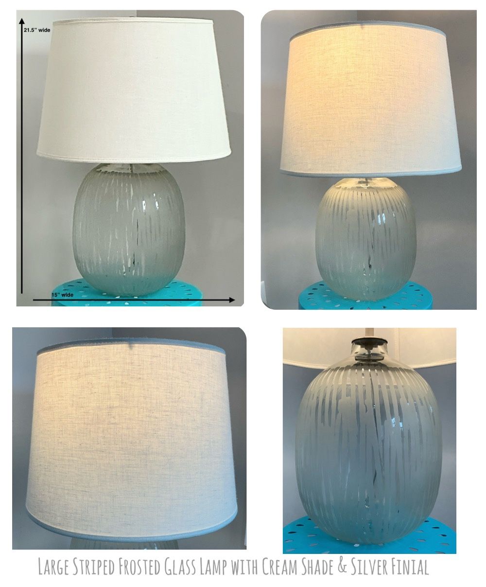 1 Large Striped Frosted Glass Lamp with Cream Shade & Silver Finial
